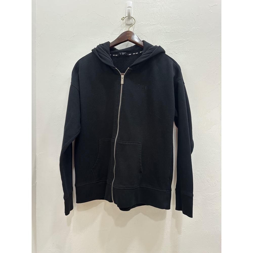 DKNY Sport Womens Black Full Zip Fleece Hoodie Sweatshirt Size M Logo Tonal